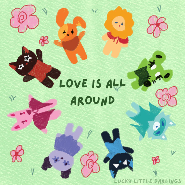 illustration of all the darlings laying in a circle in grass with the text - love is all around